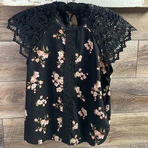 NoBo Floral Lace Top Ladies, Size M (7-9), Black Floral